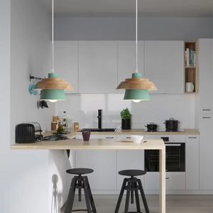 Modern Metal & Wood Pendant Light – Adjustable Hanging Ceiling Lamp