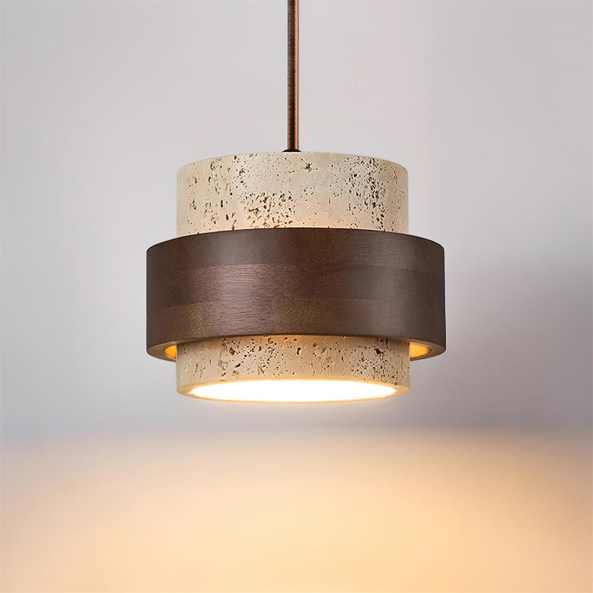 Rustic Modern Pendant Lamp – Travertine Stone Shade with Walnut Wood Finish