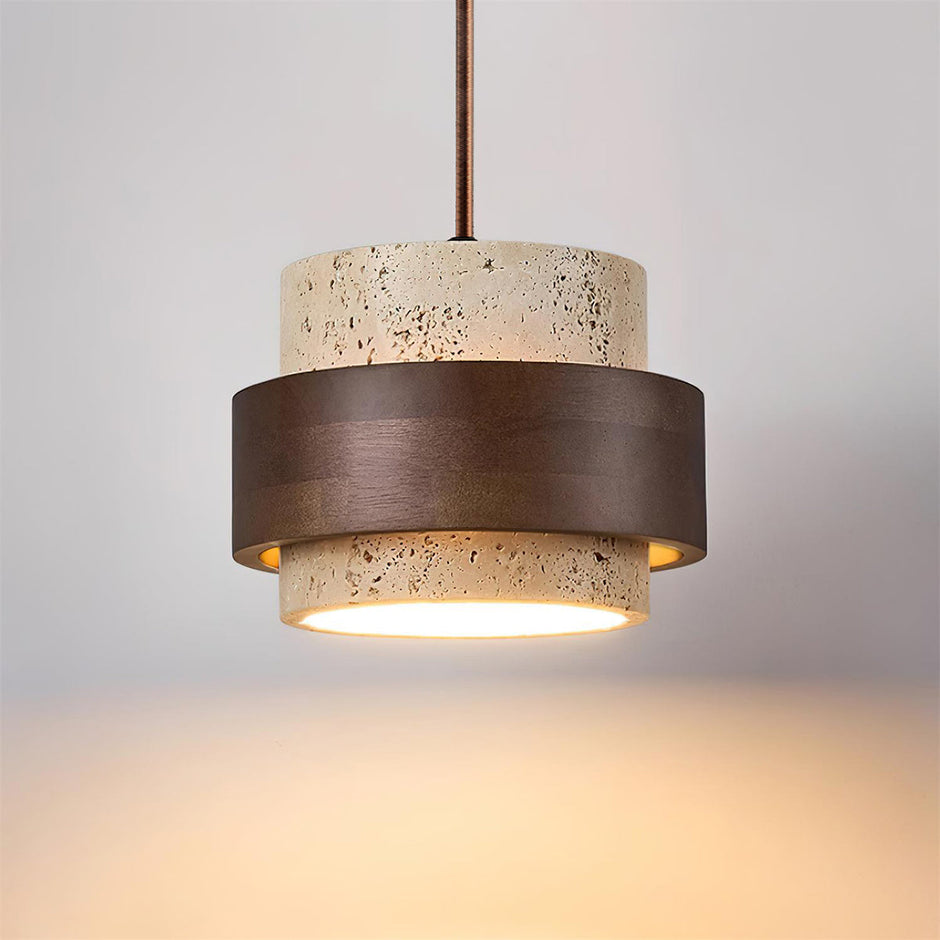 Rustic Modern Pendant Lamp – Travertine Stone Shade with Walnut Wood Finish