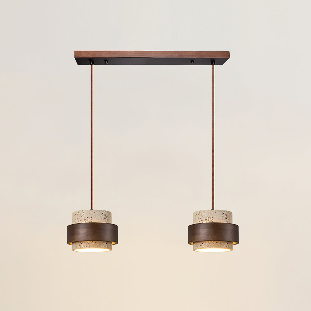 Rustic Modern Pendant Lamp – Travertine Stone Shade with Walnut Wood Finish