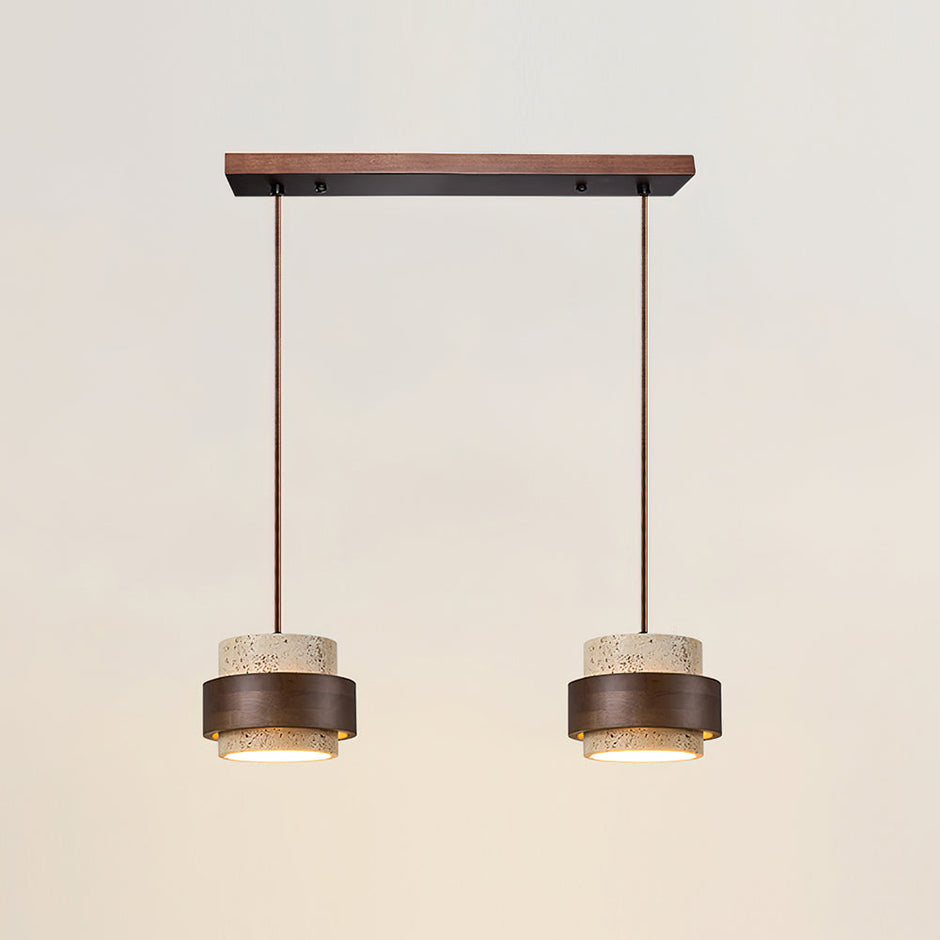 Rustic Modern Pendant Lamp – Travertine Stone Shade with Walnut Wood Finish