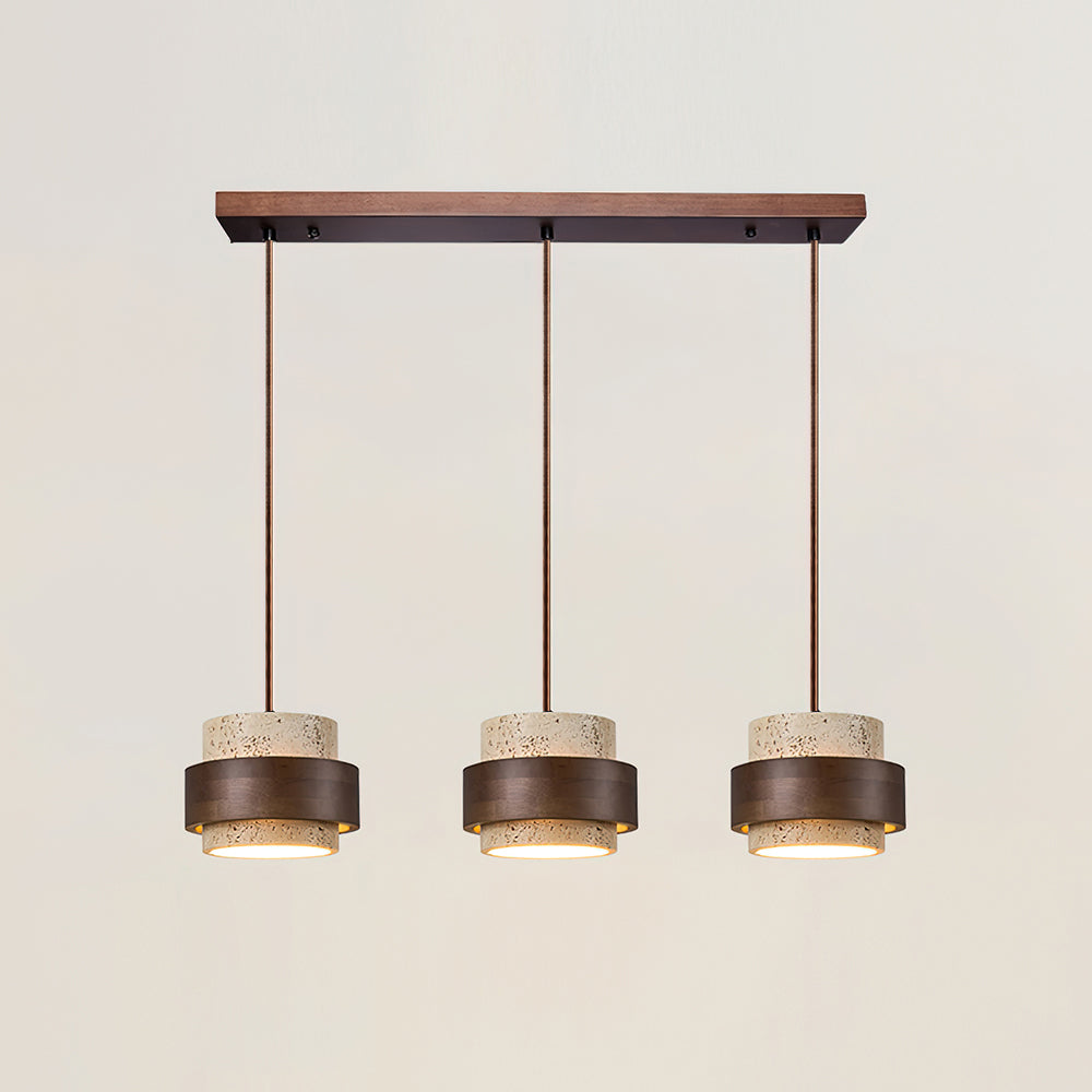 Rustic Modern Pendant Lamp – Travertine Stone Shade with Walnut Wood Finish