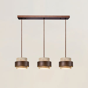Rustic Modern Pendant Lamp – Travertine Stone Shade with Walnut Wood Finish