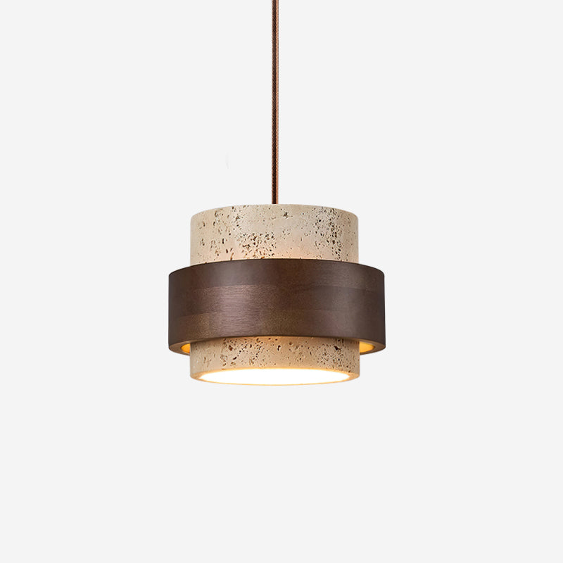 Rustic Modern Pendant Lamp – Travertine Stone Shade with Walnut Wood Finish