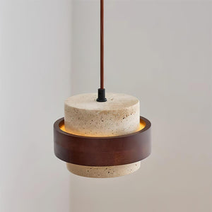 Rustic Modern Pendant Lamp – Travertine Stone Shade with Walnut Wood Finish