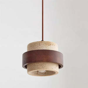 Rustic Modern Pendant Lamp – Travertine Stone Shade with Walnut Wood Finish