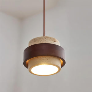 Rustic Modern Pendant Lamp – Travertine Stone Shade with Walnut Wood Finish