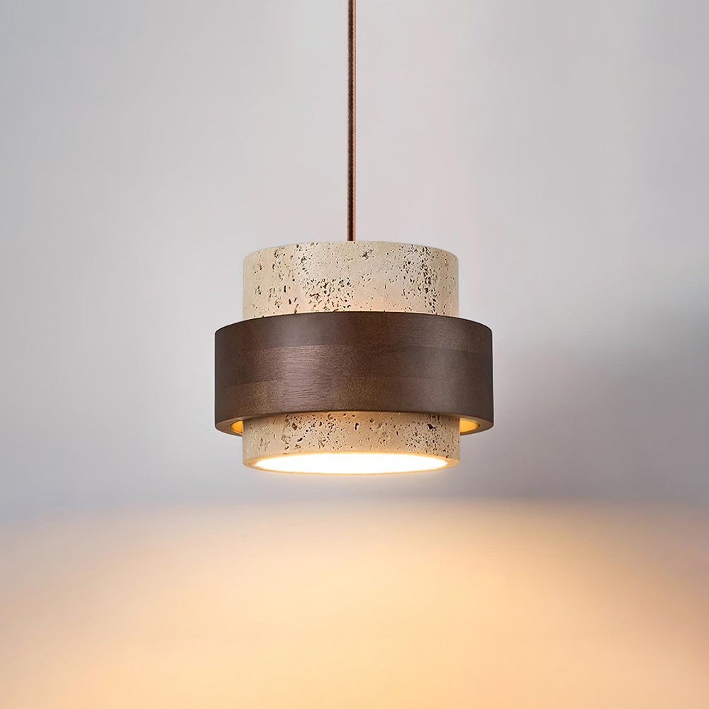 Rustic Modern Pendant Lamp – Travertine Stone Shade with Walnut Wood Finish