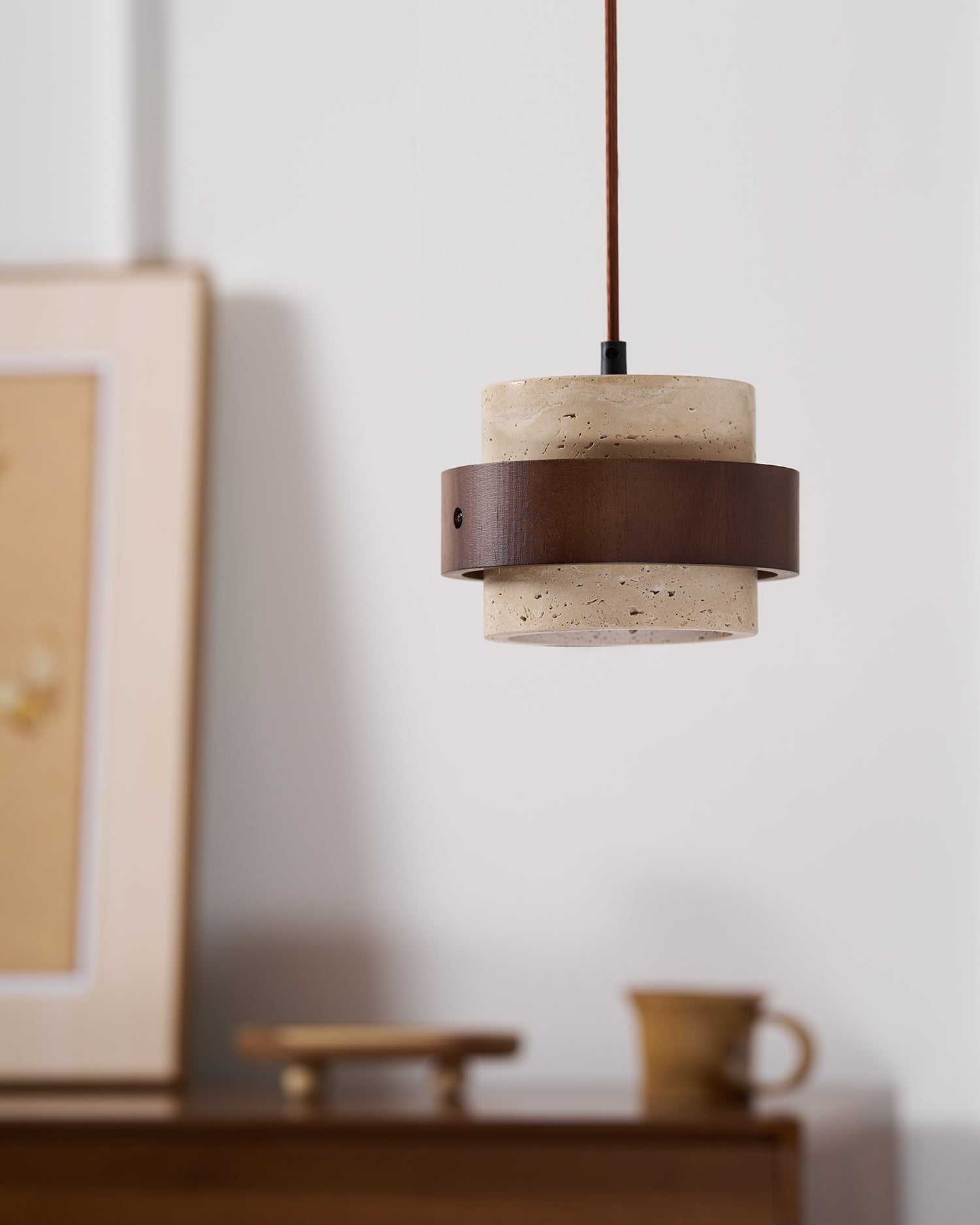 Rustic Modern Pendant Lamp – Travertine Stone Shade with Walnut Wood Finish