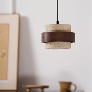 Rustic Modern Pendant Lamp – Travertine Stone Shade with Walnut Wood Finish