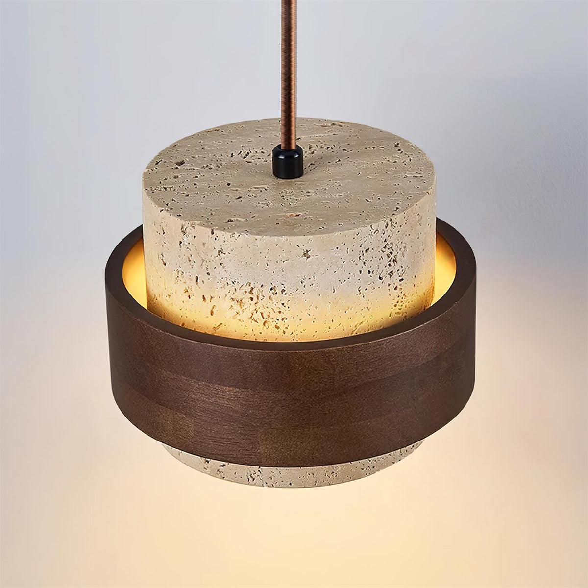 Rustic Modern Pendant Lamp – Travertine Stone Shade with Walnut Wood Finish