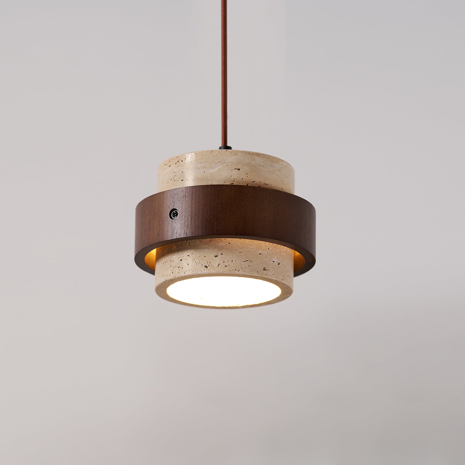 Rustic Modern Pendant Lamp – Travertine Stone Shade with Walnut Wood Finish
