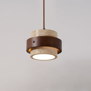 Rustic Modern Pendant Lamp – Travertine Stone Shade with Walnut Wood Finish