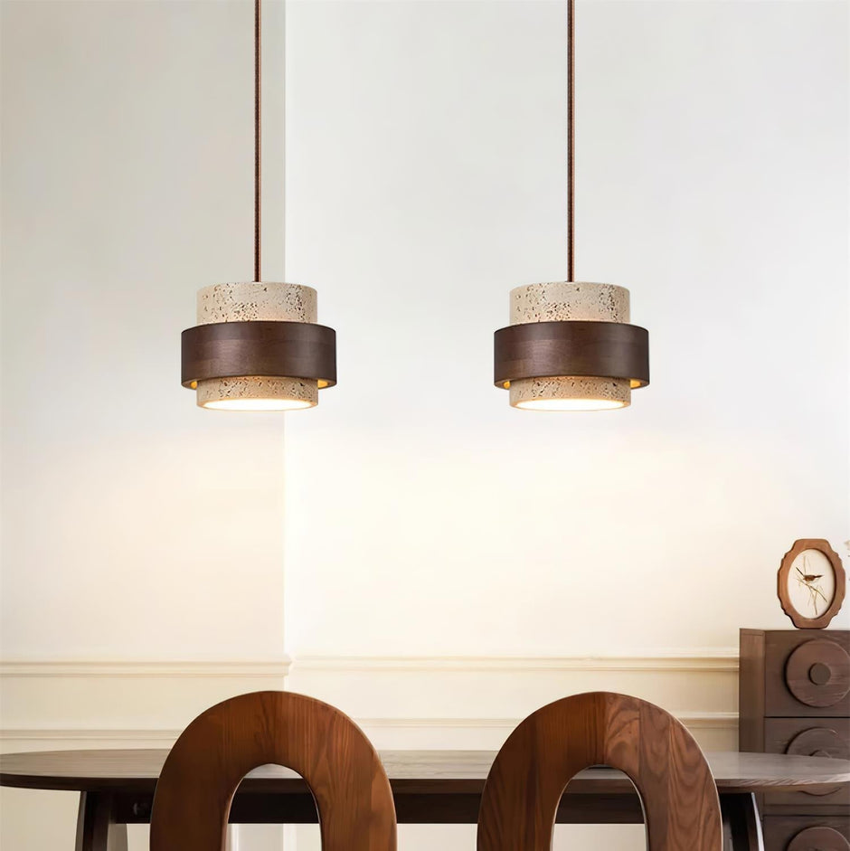 Rustic Modern Pendant Lamp – Travertine Stone Shade with Walnut Wood Finish