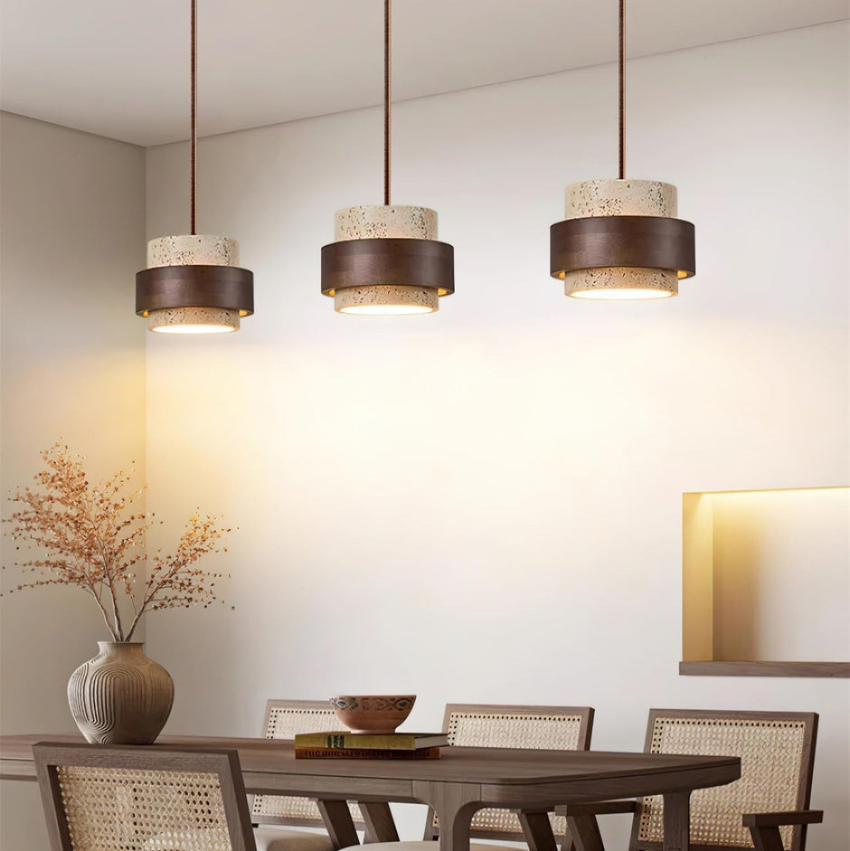 Rustic Modern Pendant Lamp – Travertine Stone Shade with Walnut Wood Finish