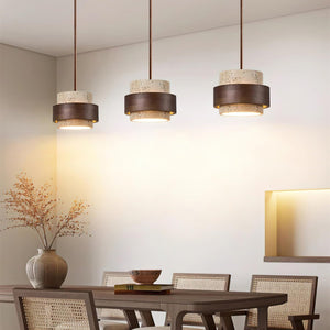Rustic Modern Pendant Lamp – Travertine Stone Shade with Walnut Wood Finish