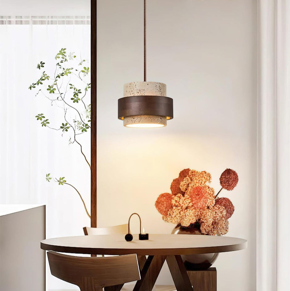 Rustic Modern Pendant Lamp – Travertine Stone Shade with Walnut Wood Finish