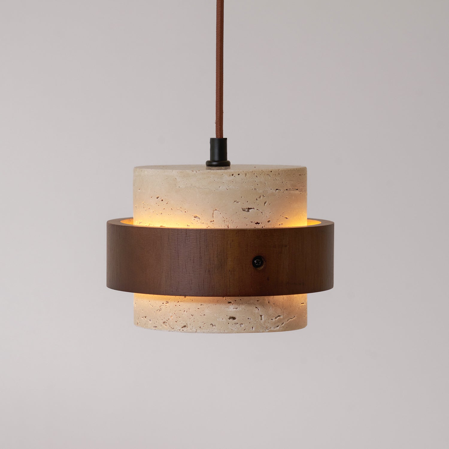 Rustic Modern Pendant Lamp – Travertine Stone Shade with Walnut Wood Finish