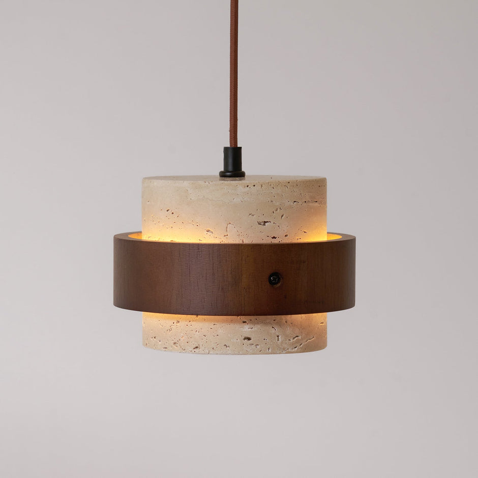 Rustic Modern Pendant Lamp – Travertine Stone Shade with Walnut Wood Finish