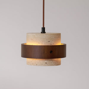 Rustic Modern Pendant Lamp – Travertine Stone Shade with Walnut Wood Finish