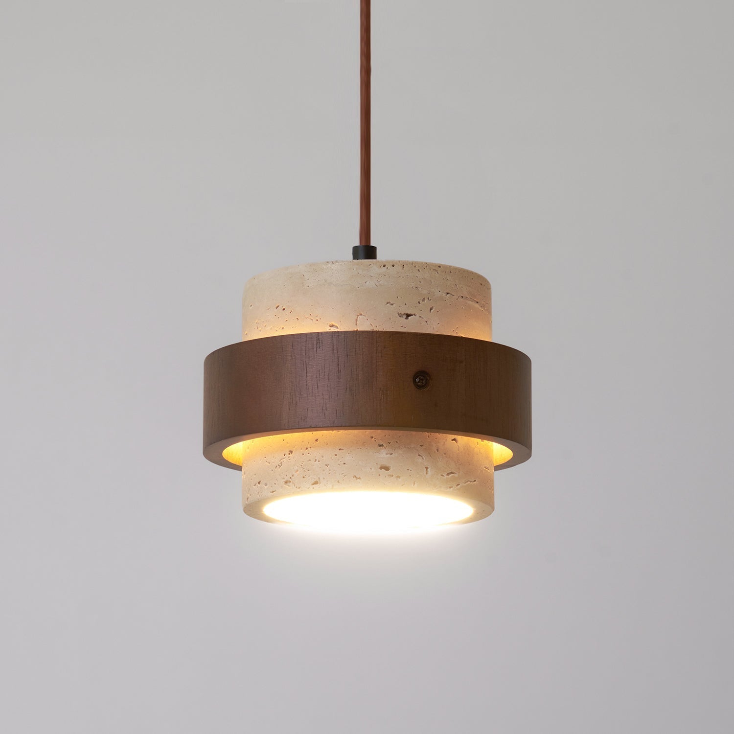 Rustic Modern Pendant Lamp – Travertine Stone Shade with Walnut Wood Finish