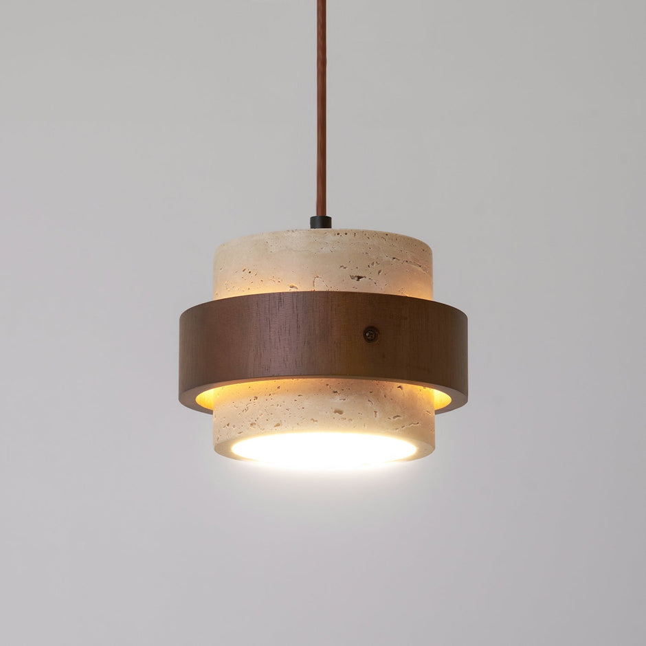 Rustic Modern Pendant Lamp – Travertine Stone Shade with Walnut Wood Finish