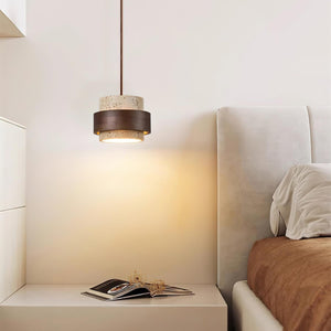 Rustic Modern Pendant Lamp – Travertine Stone Shade with Walnut Wood Finish