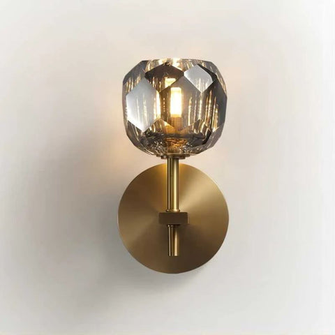 Crystal Smoke Glass Wall Sconce – Short Brass & Crystal Light Fixture for Modern Interiors