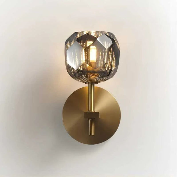 Crystal Smoke Glass Wall Sconce – Short Brass & Crystal Light Fixture for Modern Interiors