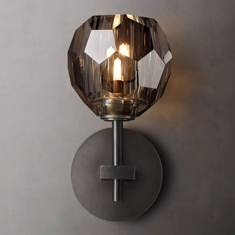 Crystal Smoke Glass Wall Sconce – Short Brass & Crystal Light Fixture for Modern Interiors