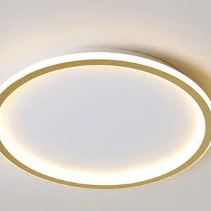 Gold round ceiling light fixture on a white wall with dimensions and specifications displayed.