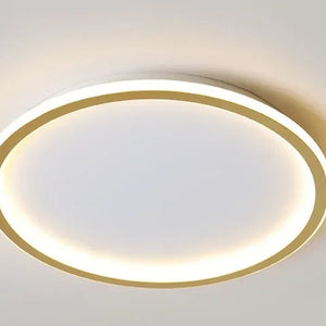 Gold round ceiling light with dimensions and specifications on a gray background
