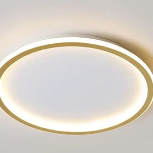 Gold round ceiling light fixture with dimensions and specifications on a gray background