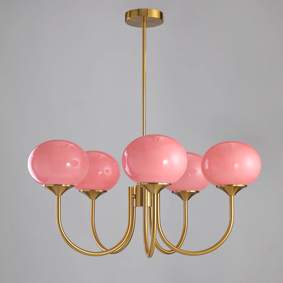 Elegant Gold Ceiling Light with Pink Glass Shades – Modern Glamour Chandelier for Living Room or Bedroom Décor