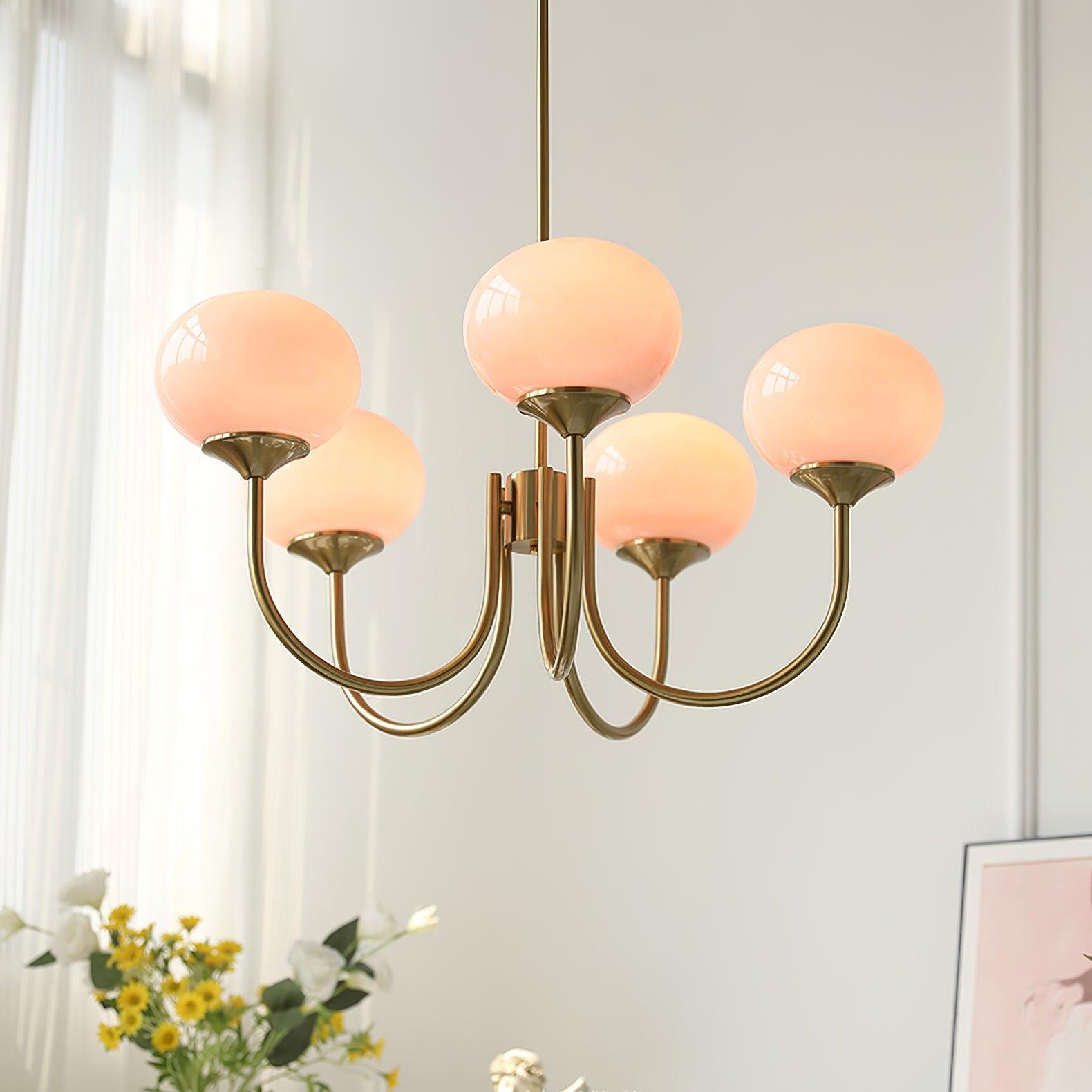 Elegant Gold Ceiling Light with Pink Glass Shades – Modern Glamour Chandelier for Living Room or Bedroom Décor