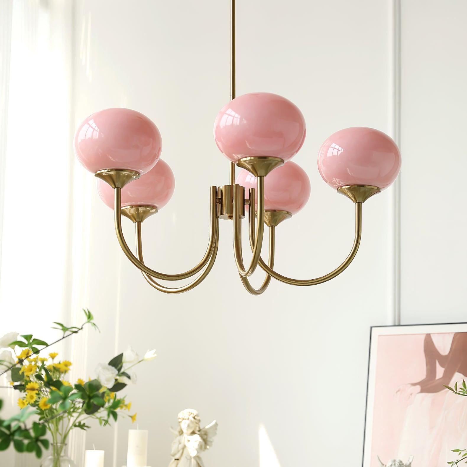 Elegant Gold Ceiling Light with Pink Glass Shades – Modern Glamour Chandelier for Living Room or Bedroom Décor