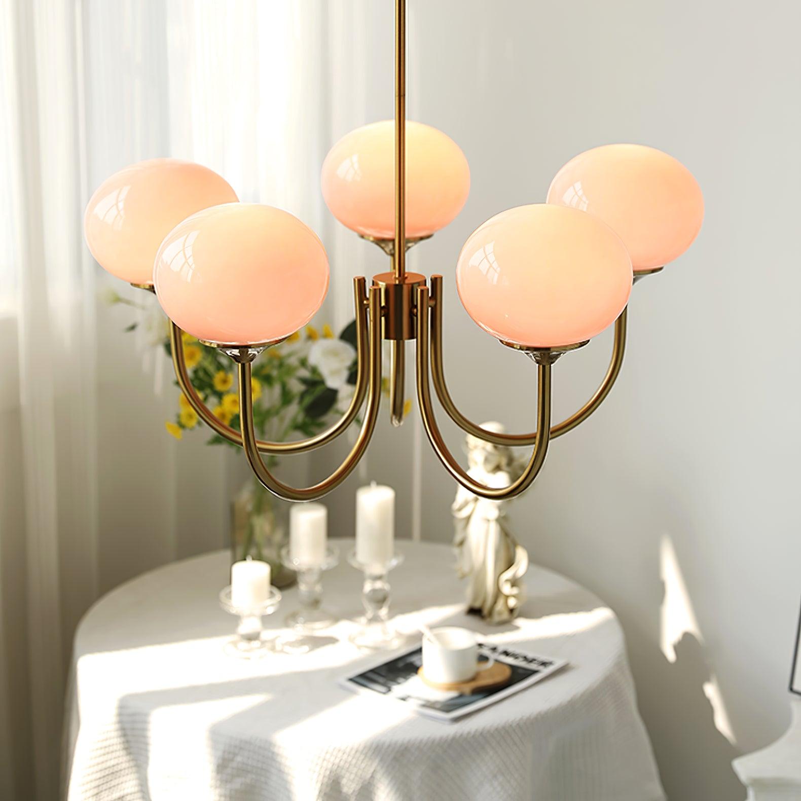 Elegant Gold Ceiling Light with Pink Glass Shades – Modern Glamour Chandelier for Living Room or Bedroom Décor