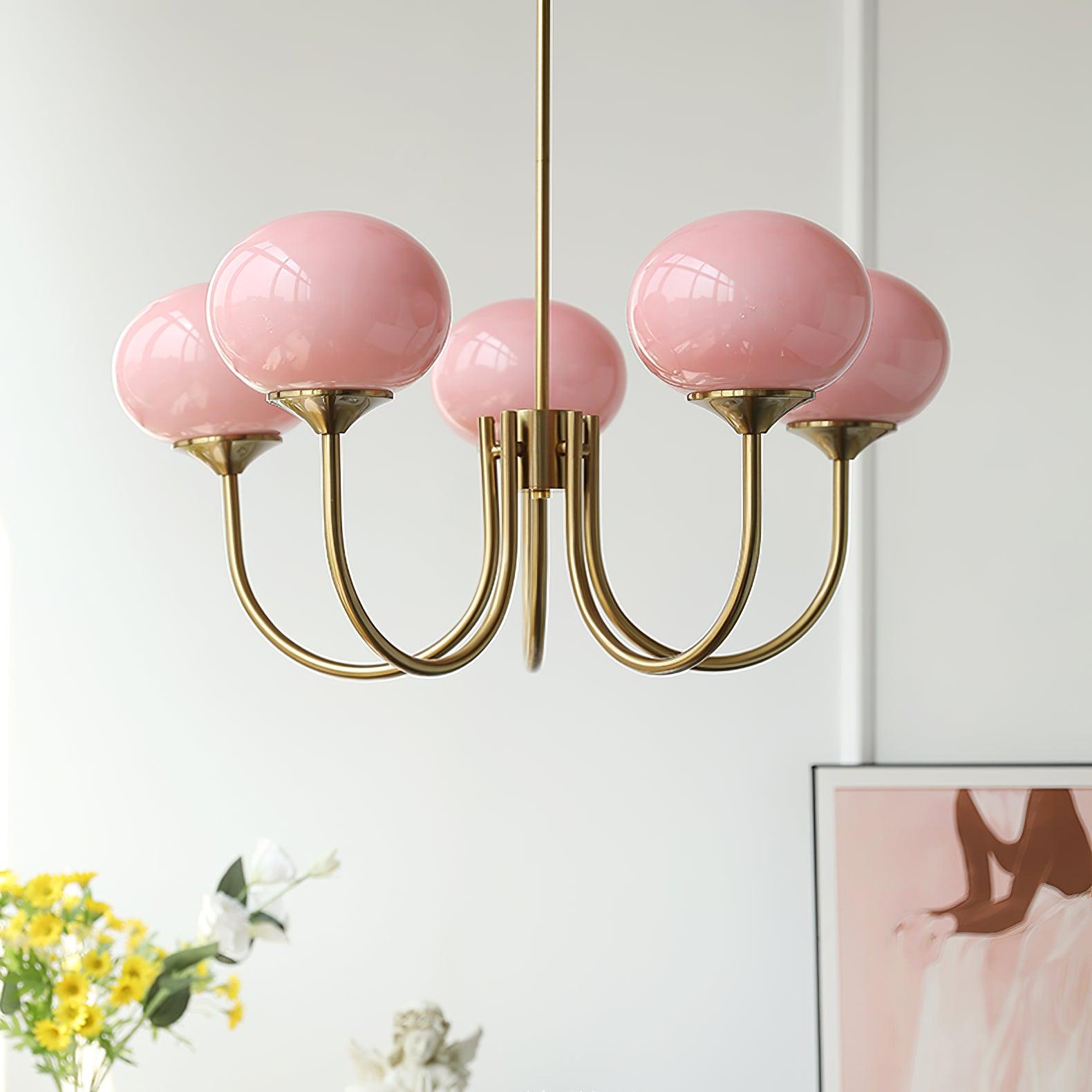 Elegant Gold Ceiling Light with Pink Glass Shades – Modern Glamour Chandelier for Living Room or Bedroom Décor
