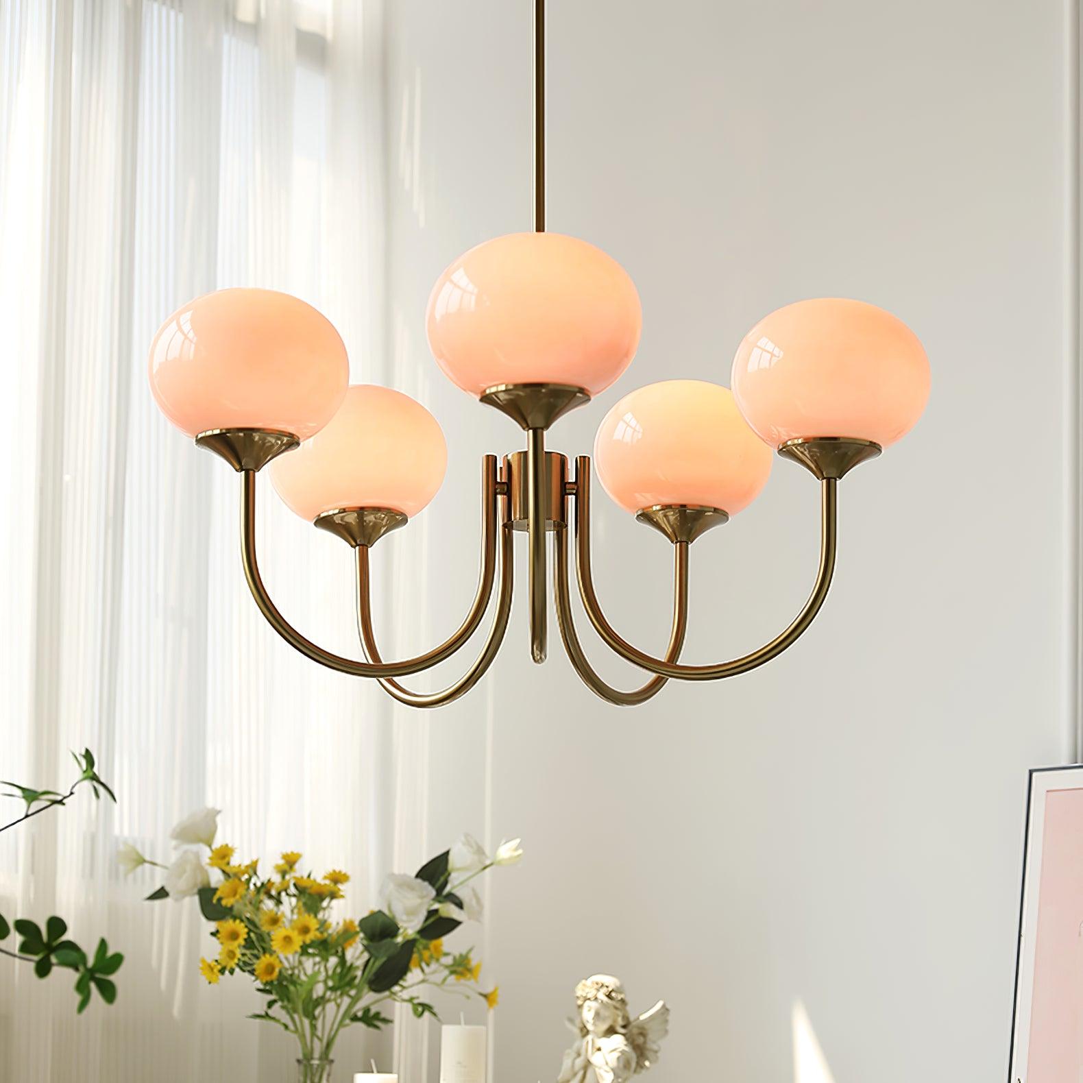 Elegant Gold Ceiling Light with Pink Glass Shades – Modern Glamour Chandelier for Living Room or Bedroom Décor
