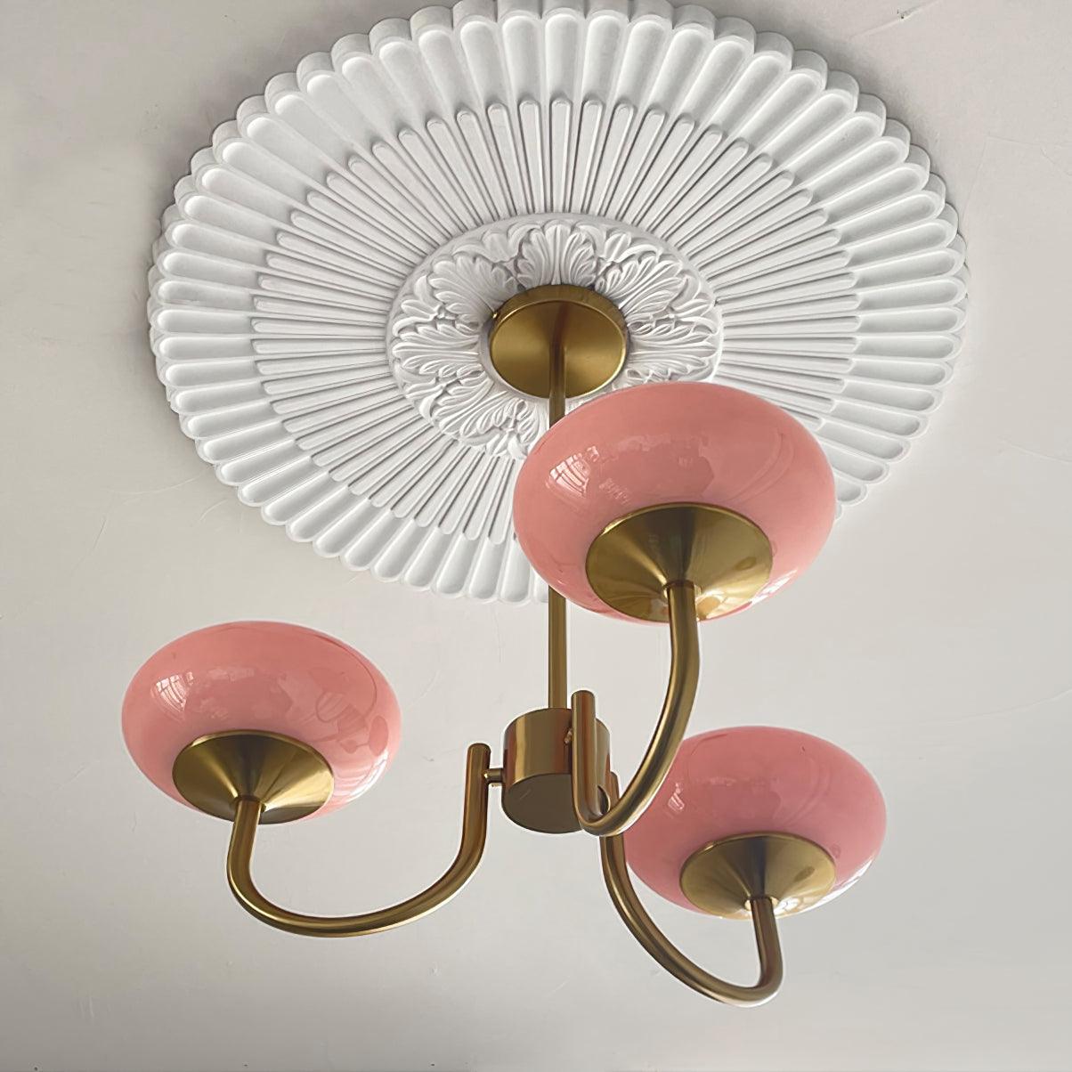 Elegant Gold Ceiling Light with Pink Glass Shades – Modern Glamour Chandelier for Living Room or Bedroom Décor