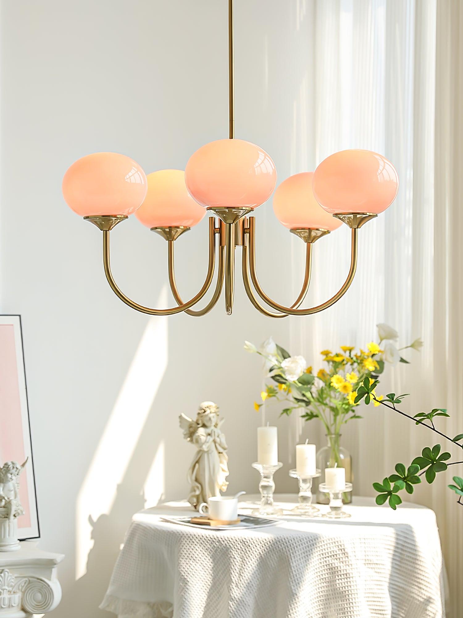 Elegant Gold Ceiling Light with Pink Glass Shades – Modern Glamour Chandelier for Living Room or Bedroom Décor