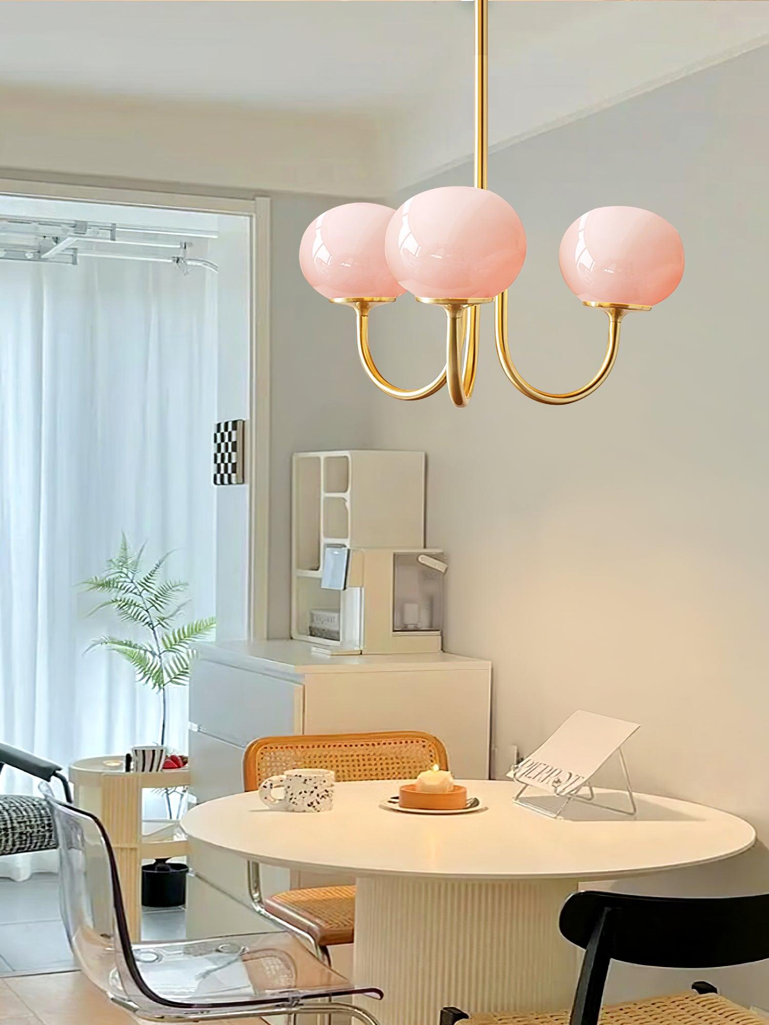 Elegant Gold Ceiling Light with Pink Glass Shades – Modern Glamour Chandelier for Living Room or Bedroom Décor