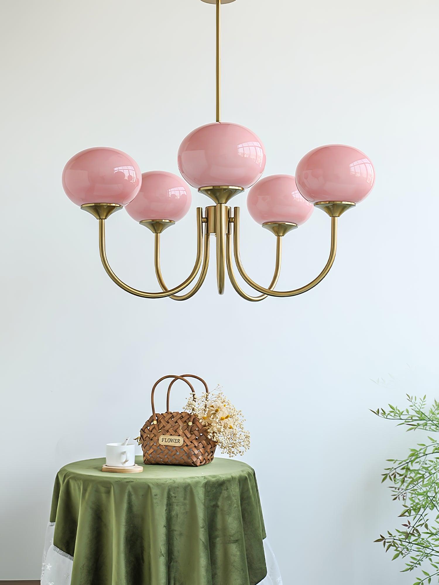 Elegant Gold Ceiling Light with Pink Glass Shades – Modern Glamour Chandelier for Living Room or Bedroom Décor