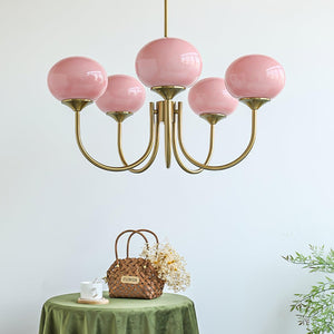 Elegant Gold Ceiling Light with Pink Glass Shades – Modern Glamour Chandelier
