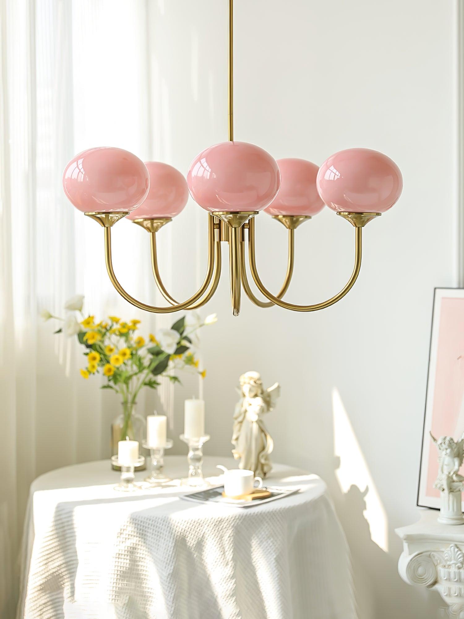 Elegant Gold Ceiling Light with Pink Glass Shades – Modern Glamour Chandelier for Living Room or Bedroom Décor