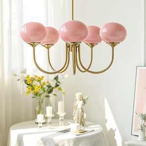 Elegant Gold Ceiling Light with Pink Glass Shades – Modern Glamour Chandelier