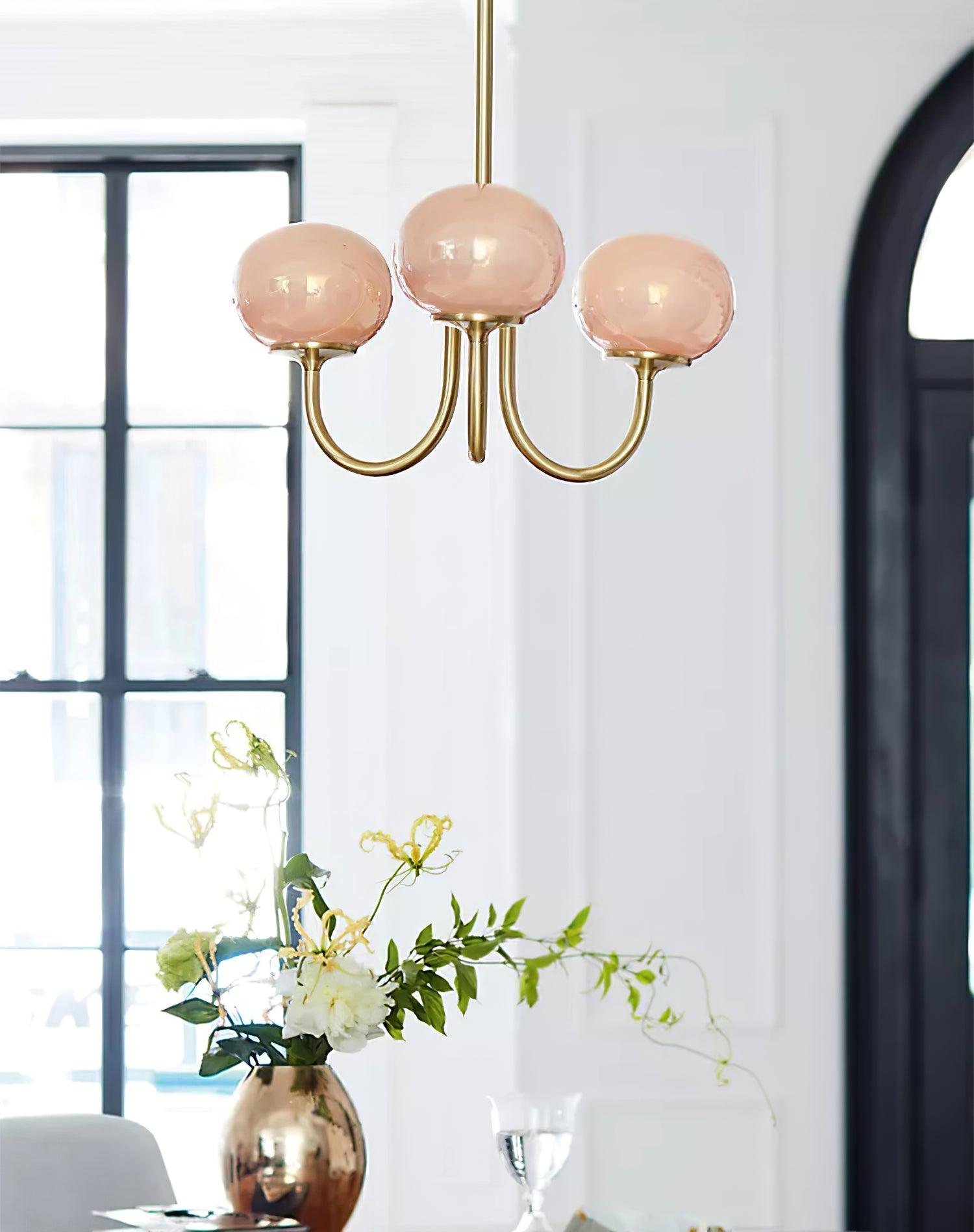 Elegant Gold Ceiling Light with Pink Glass Shades – Modern Glamour Chandelier for Living Room or Bedroom Décor