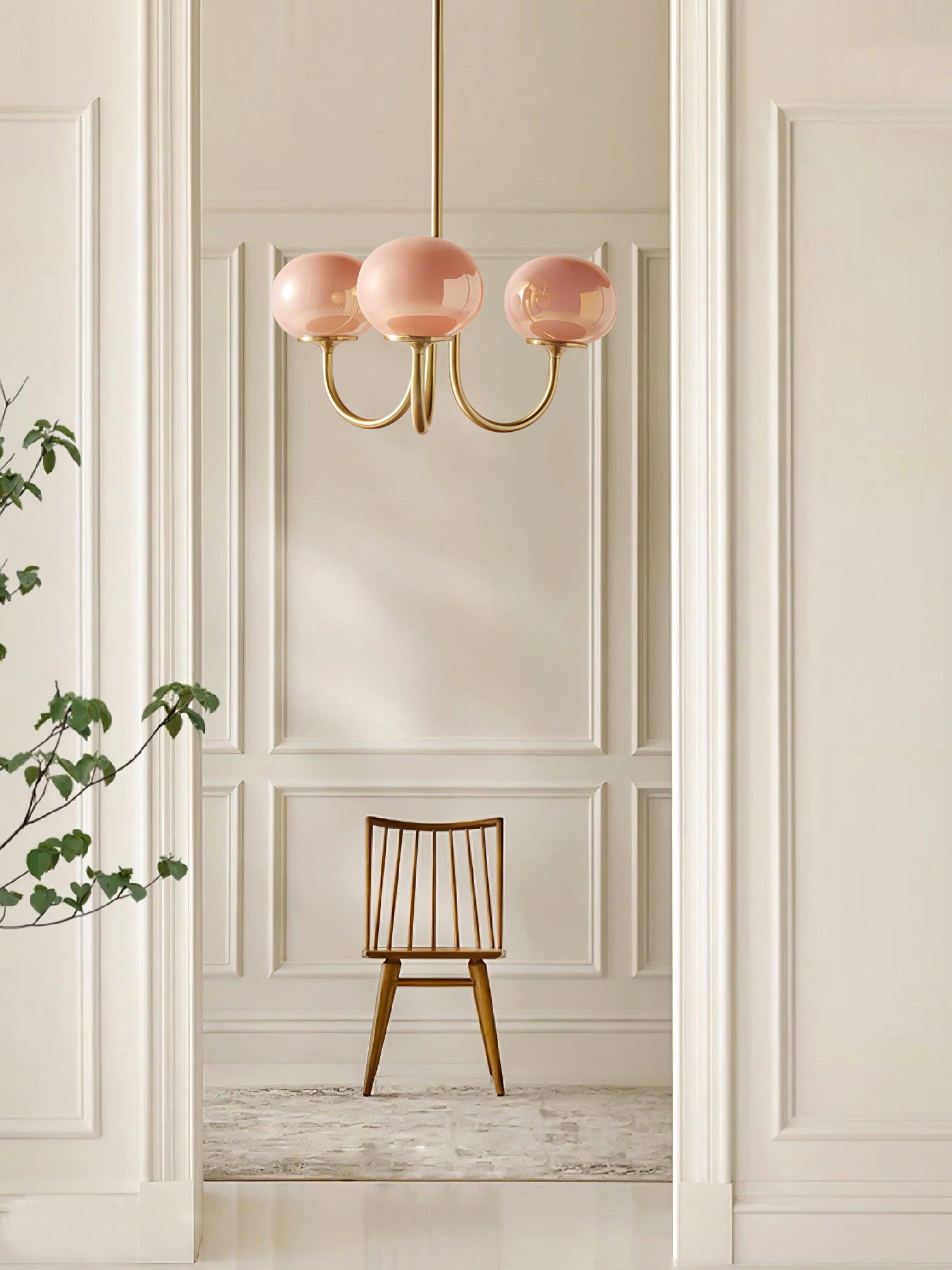 Elegant Gold Ceiling Light with Pink Glass Shades – Modern Glamour Chandelier for Living Room or Bedroom Décor