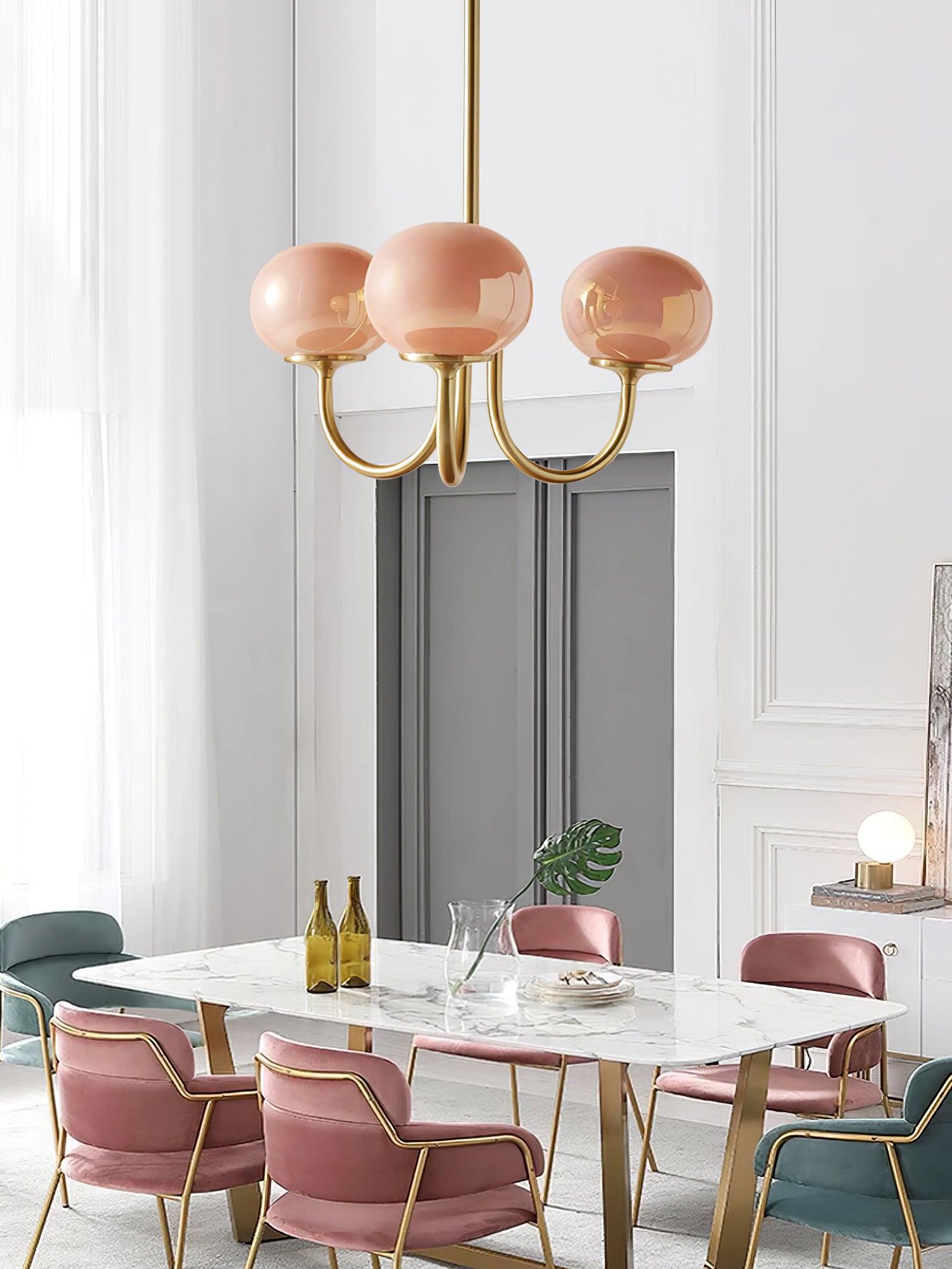 Elegant Gold Ceiling Light with Pink Glass Shades – Modern Glamour Chandelier for Living Room or Bedroom Décor