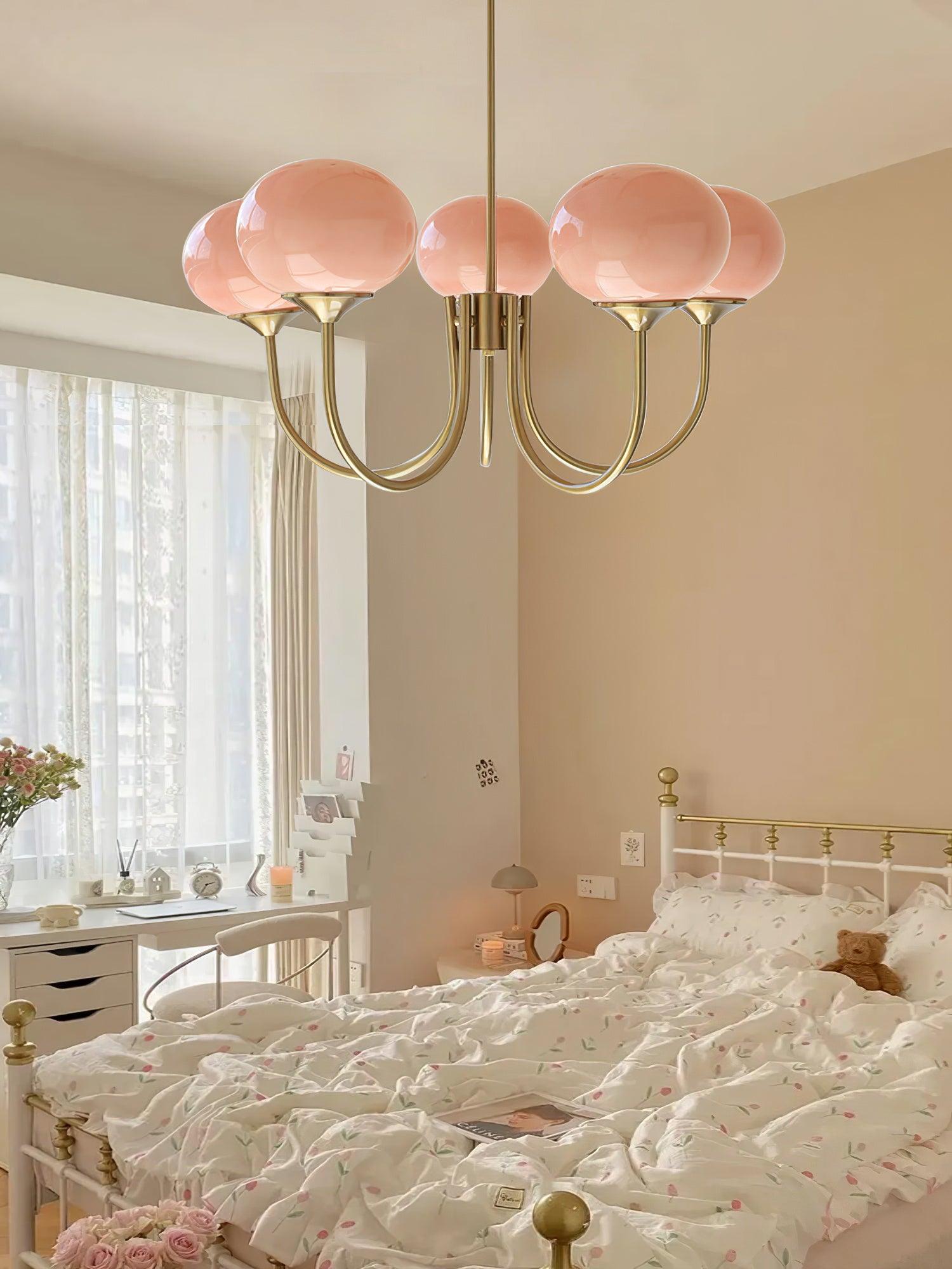 Elegant Gold Ceiling Light with Pink Glass Shades – Modern Glamour Chandelier for Living Room or Bedroom Décor